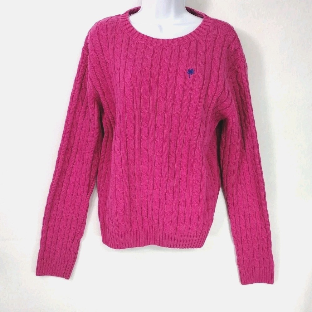 VTG Lilly Pulitzer Women’s Sweater Cable Knit XL Palm Logo Y2K 100% Cotton Pink